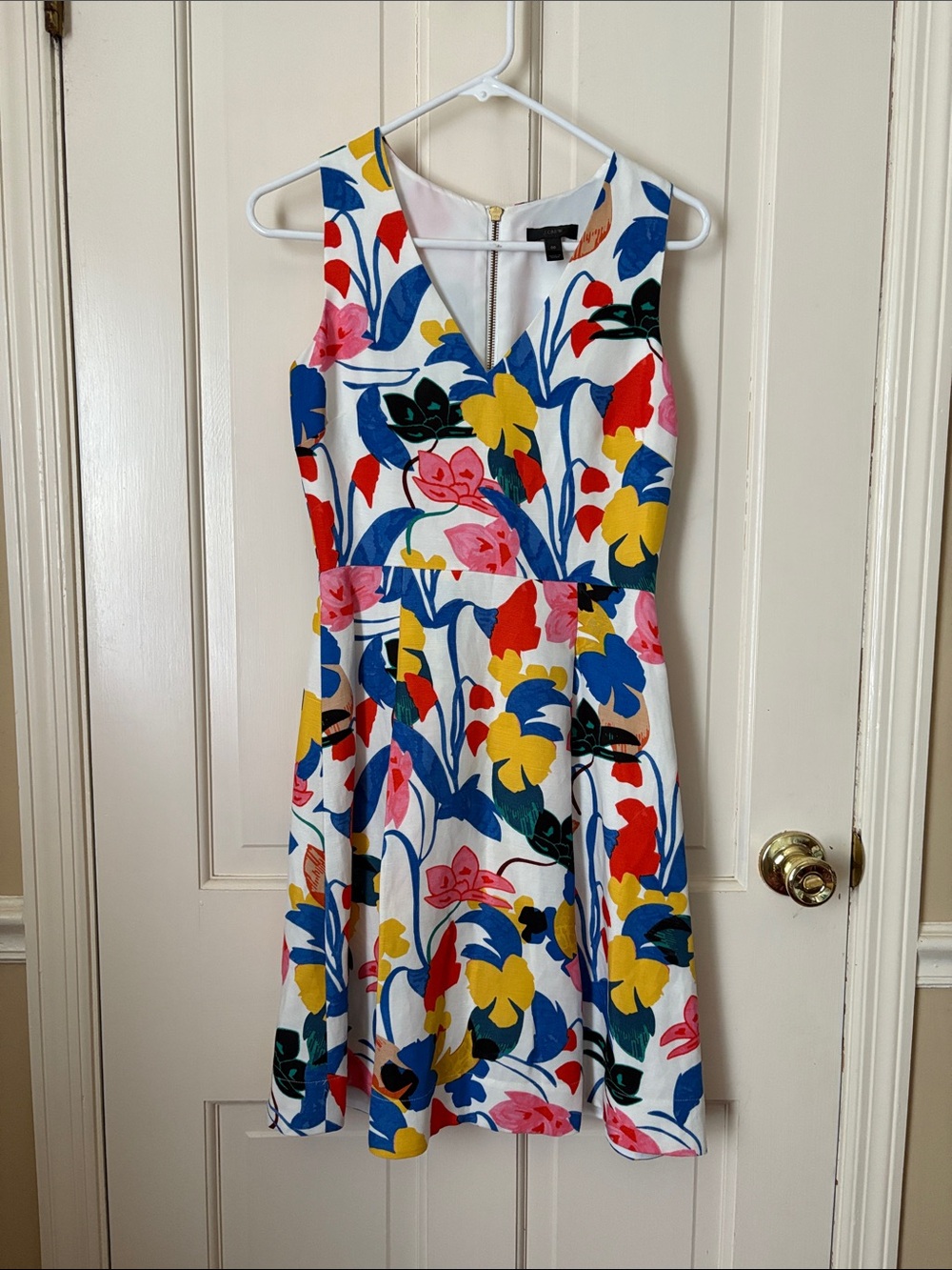 J. Crew White Floral V-Neck Fit-and-Flare Dress with Multicolor Blooms